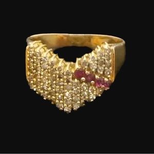 18K YELLOW SOLID GOLD Ladies ESTATE DIAMOND & RUBY CLUSTER RING